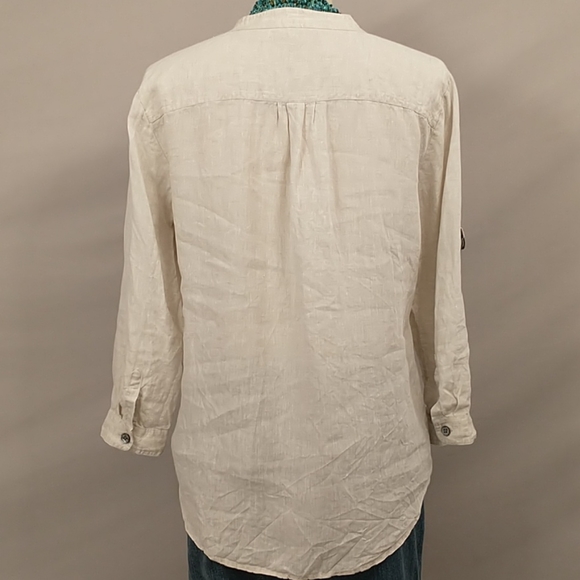 Natural 100% Linen Safari Style Shirt Saks Fifth Ave Neutral 43" Chest SeeMeasur - Picture 6 of 11